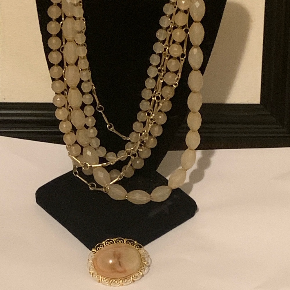 Vintage soft amber lucite and goldtone necklace and brooch set